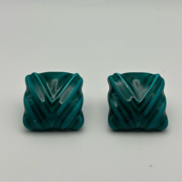 Vintage Large Statement Teal Blue Textured Puffy Square Stud Earrings Unique - Picture 6 of 8